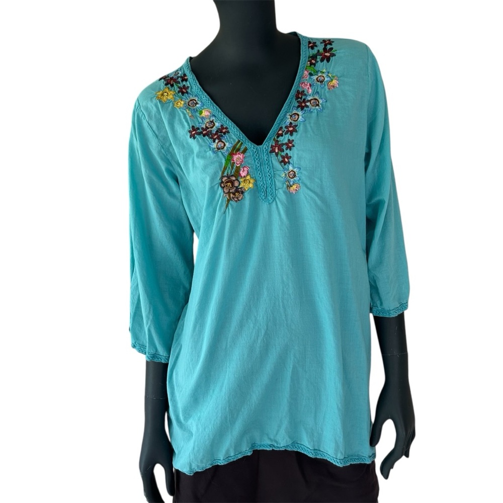 Embroidered V-Neck Turquoise Women's Top